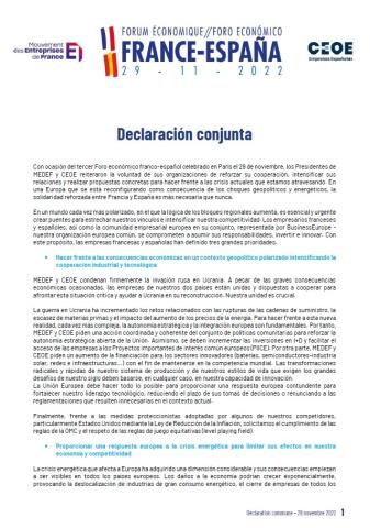 Declaración conjunta MEDEF-CEOE - Tercer Foro Económico Francia-España