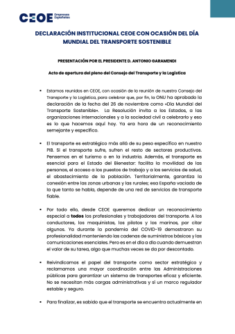 DECLARACIÓN INSTITUCIONAL CEOE CON OCASIÓN DEL DÍA MUNDIAL DEL TRANSPORTE SOSTENIBLE